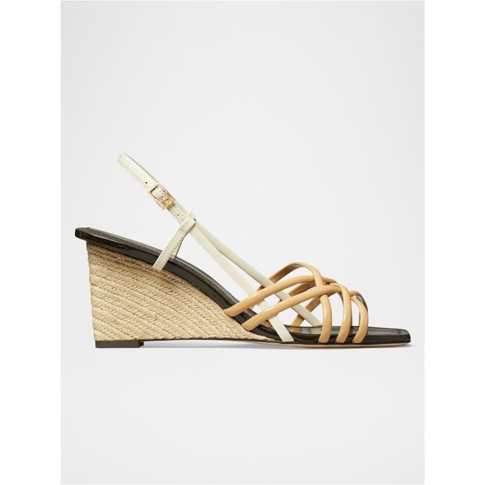 Tory Burch Multi-Strap Woven Espadrille Wedges Sandal Beige and Cream Size 10